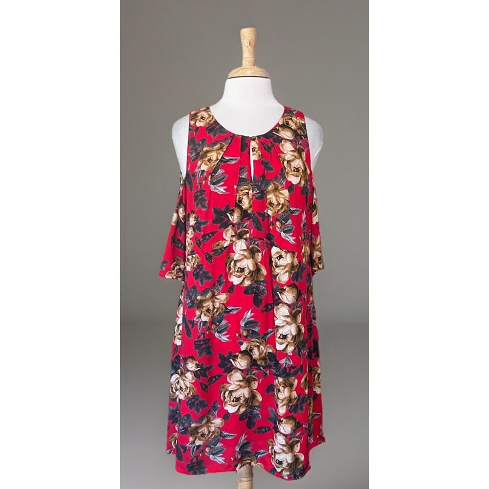 UMGEE Womens XL Boho Floral Cottagecore Babydoll Tunic Dress Cold Shoulder Red